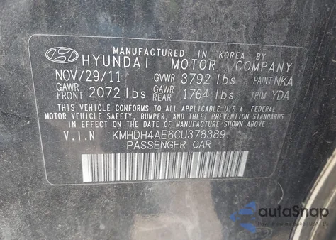 2012 Hyundai Elantra Gls (Ulsan Plant) z USA, uszkodzony, nr VIN KMHDH4AE6CU378389